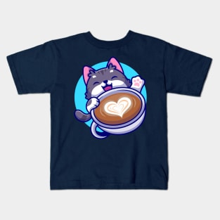 Cute Cat With Coffee Cup Cartoon Kids T-Shirt